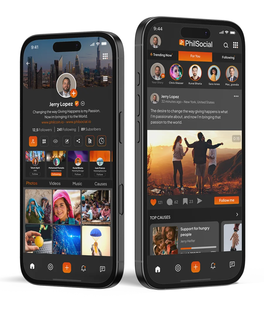 PhilSocial app on iPhone showing feed and profile