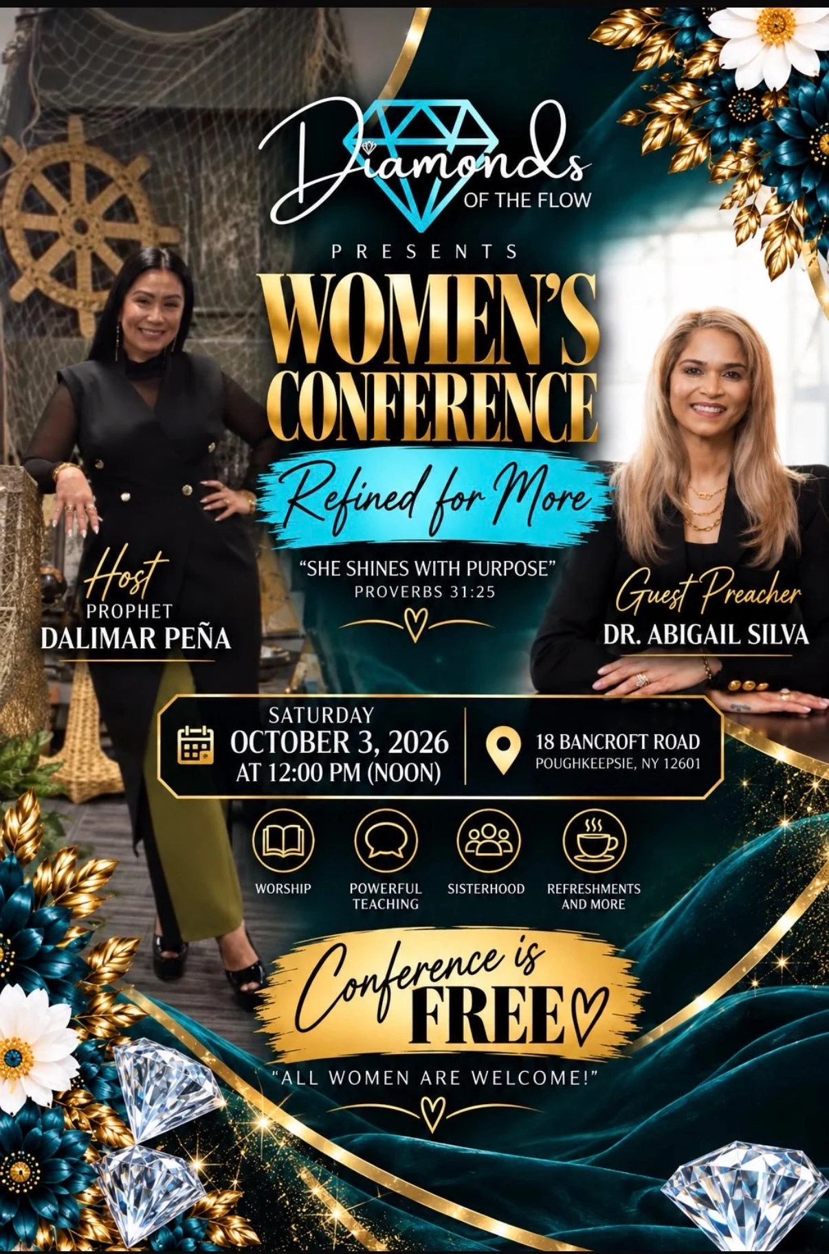 Diamonds of the FLOW Women's Conference flyer: Refined for More, Saturday October 3, 2026 at 12pm, 18 Bancroft Road, Poughkeepsie NY